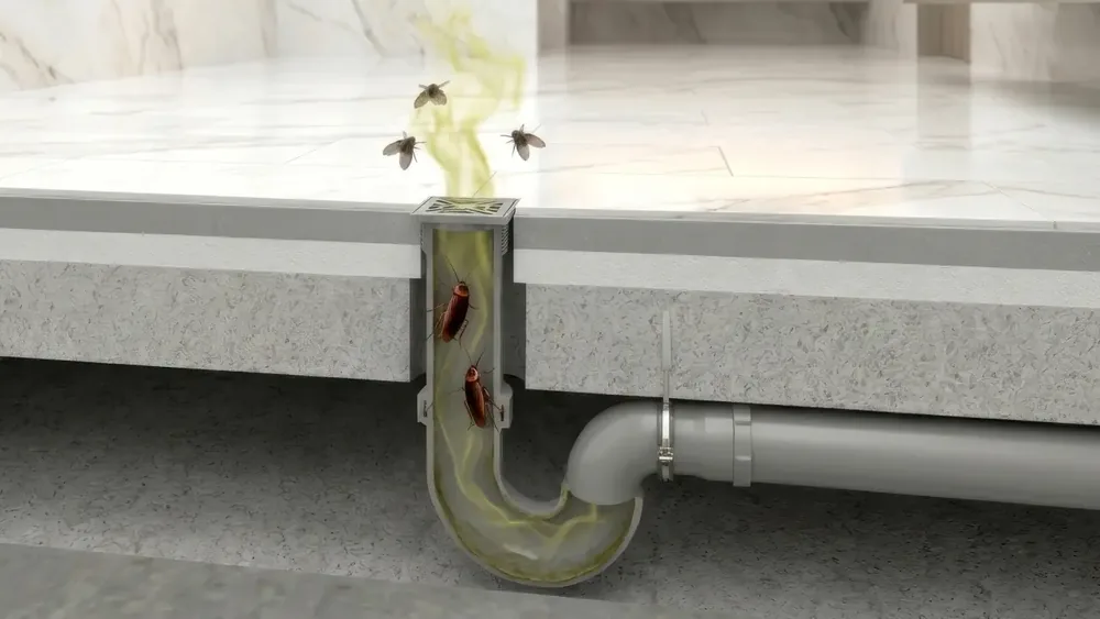 Floor drain without a trap — pests and gases pass through freely.